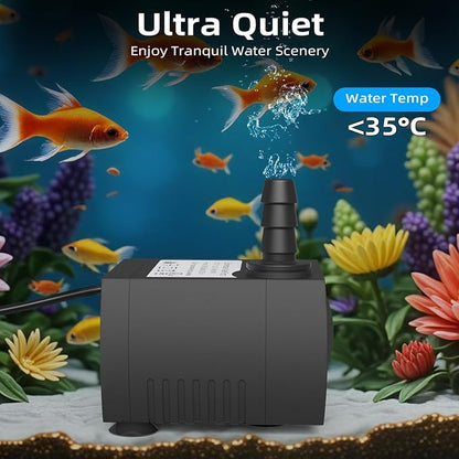 80GPH Mini Submersible Pump(300L/H, 4W), Small Fountain Pump with 4.9 ft Tubing for Aquariums, Fish Tank, Tabletop Fountain, Pet Fountain, Indoor or Outdoor Pond Fountain