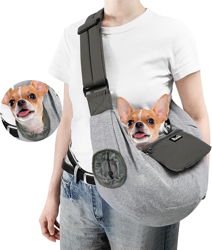 SlowTon Dog Carrier Sling - Puppy Carrier with Window and Storage Pocket Fits up to 12lbs, Dog Sling with Thick Adjustable Shoulder Strap and Safety Leash, Pet Carrier Bag for Small Dogs Cats(Grey S)
