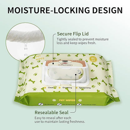 PET Wipes for Dogs & Cats, Cleaning and Hydrating, Unscented, for Paws, Body and Butt - Hypoallergenic & Vet Recommended, Safe for All Breeds, 80 Count