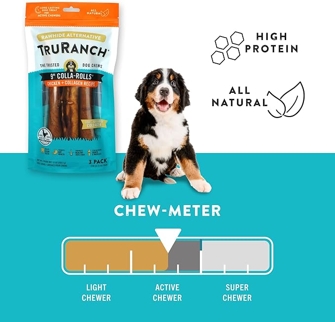 TRURANCH Collagen Rolls - 9" Collagen Rolls for Dogs - Long Lasting Healthy Joint Support Dog Treat - Rawhide Alternative - Skin & Coat Health - Made with Real Chicken, 1 Bag, 3 Count