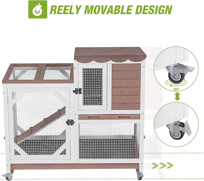 Gutinneen 2-Story Rabbit Hutch with Chew-Proof Ramp & Leak-Proof Trays - Indoor/Outdoor 39.3" Wooden Rabbit Cage with Wheels for Rabbits, Guinea Pigs