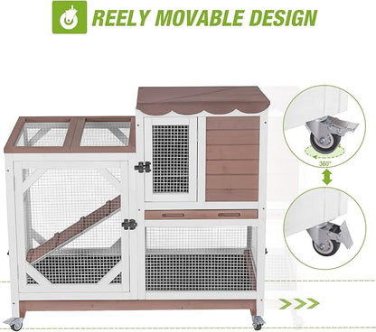 Gutinneen 2-Story Rabbit Hutch with Chew-Proof Ramp & Leak-Proof Trays - Indoor/Outdoor 39.3" Wooden Rabbit Cage with Wheels for Rabbits, Guinea Pigs