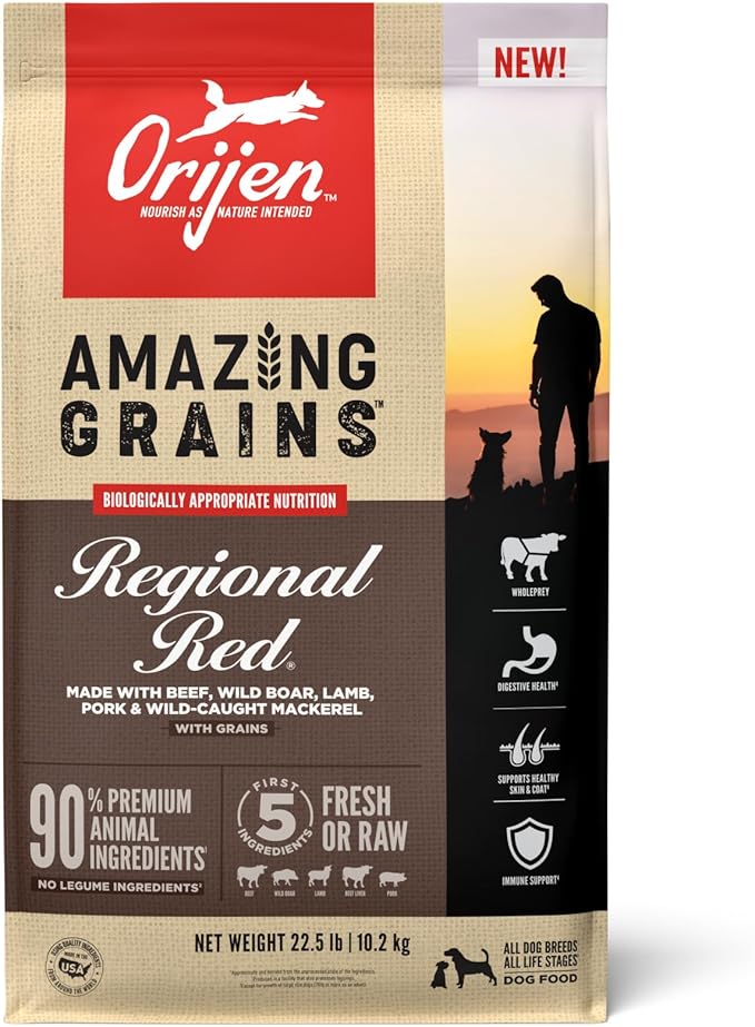 ORIJEN Amazing Grains Regional RED Dry Dog Food, High Protein Dog Food for All Life Stages, Fresh or Raw Ingredients, 22.5lb