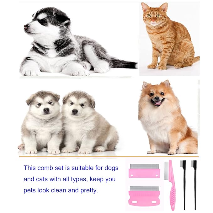 5 Pieces Tear Stain Remover and Grooming Combs - Remove Fleas, Dandruff, Hair Stains, Crust and Mucus for Small Dogs and Cats (Pink)