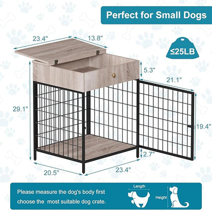 Small Dog Crate End Table,Dog Crate Furniture, Dog Kennel End Table with Storage Drawer, Chew-Proof Metal Fence, Lockable Door, Wooden Pet Cage Side Table Indoor