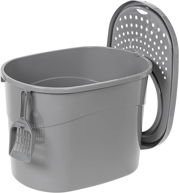 Amazon Basics Large Cat Litter Box with High Sides, Top Entry, Includes Scoop, 20.5 x 14.75 x 14.38 inches, Grey