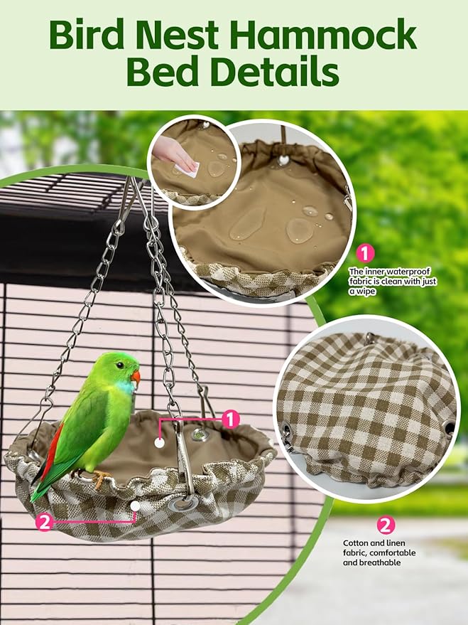 Waterproof Bird Nest for Cage, Hanging Birds Hammock with Adjustable Chain, Bird Cage Swing for Parakeets Bird Sleeping Hut for Budgies Lovebirds Quaker (Brown)