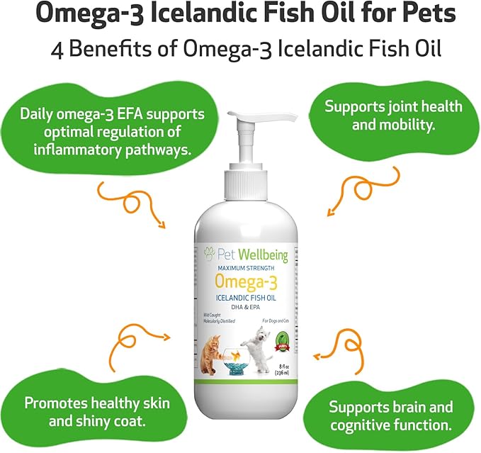 Pet Wellbeing Omega-3 Icelandic Fish Oil for Dogs - Wild-Caught, Cold-Water Fish, Healthy Skin and Coat, Joint Health and Mobility, Fatty Acids, Anchovies, Sardines - EPA, DHA - 8 fl oz (236 ml)