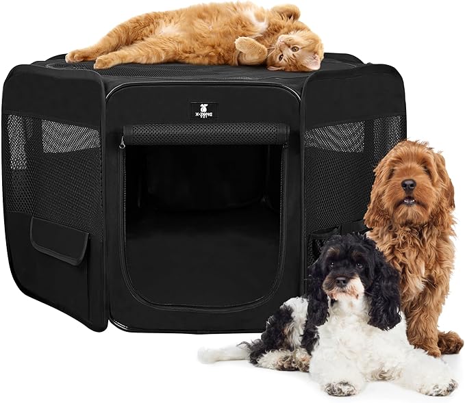 X-ZONE PET Dog Playpen Portable Pet Play Pens for Puppies, Cat, Rabbit, Chicks, Foldable Exercise Play Tent Kennel Crate, Indoor/Outdoor Travel Camping Black Large