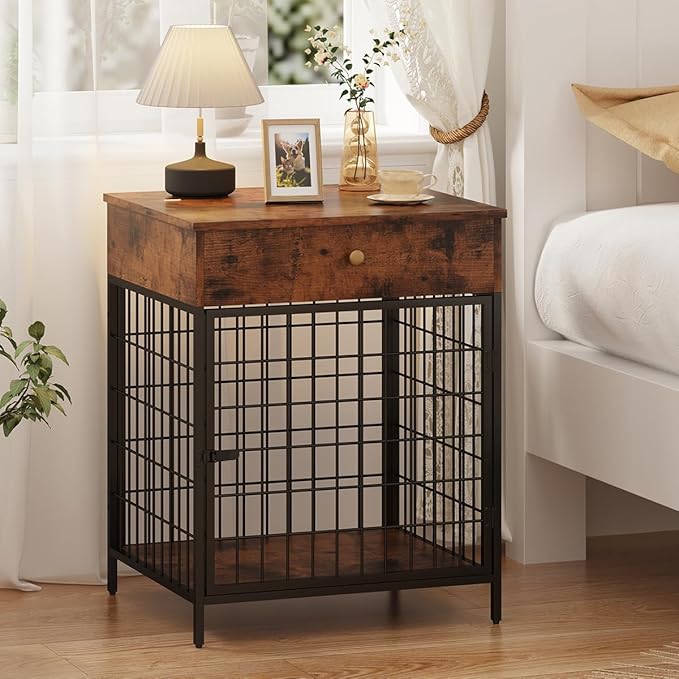 Small Dog Crate End Table,Dog Crate Furniture, Dog Kennel End Table with Storage Drawer, Chew-Proof Metal Fence, Lockable Door, Wooden Pet Cage Side Table Indoor