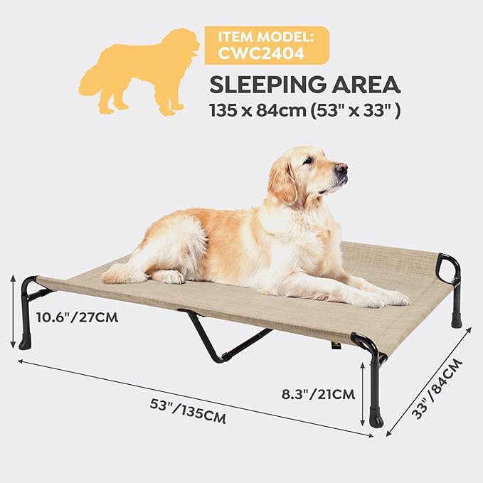 Veehoo Cooling Elevated Dog Bed, Raised Dog Beds for Large Dogs, Outdoor Dog Bed with Guardrail, Upgraded Non-Slip Feet, Breathable Teslin Mesh, Portable Camping Dog Cot, 53 x 33 Inches, Beige Coffee