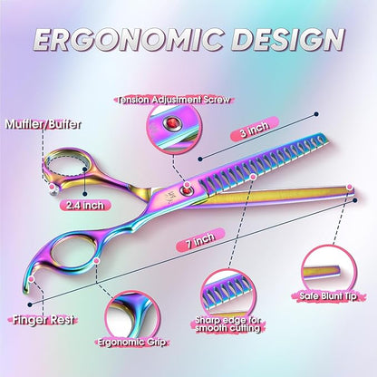 7" Chunker Shears Dog Grooming Rainbow, Thinner Blender Shears for Medium and Big Pets, Japanese Stainless Steel 440C Fur Trimming Scissors for Novice and Professional Groomers