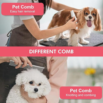 Pet Grooming Brush Kit 7pcs, Cat Brush with Release Button Comb Set for Shedding -Cat Brush&Nail Clippers File Set for Cat Dogs Long matted Haired Pets and Nail Repair(Pink)