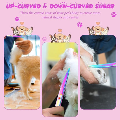 7 Inch Professional Pet Grooming Scissors Set, Curved Straight Dog Scissors, Thinning Shears, 8 in 1 Kit with Comb, Silver, Stainless Steel