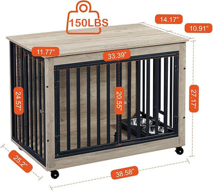 Dog Crate Furniture, Dog House Indoor with Feeding Bowl and Wheels, Wood Dog Crate Dog Kennels Decorative Dog Crate for Small Medium Dogs Grey 38.58" W x 25.2" D x 27.17" H One Size