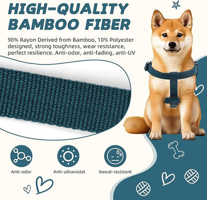Dog Harness and Leash Set for Medium Dogs Soft Natural Bamboo Fabric, No Pull Dog Harness, Step-in Adjustable Dog Leash, Dog Harness and Leash Set for Medium Dogs-Teal Blue