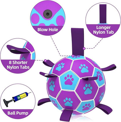 QDAN Dog Ropes Toys Soccer Ball with Straps, Interactive Dog Toys for Tug of War, Puppy Birthday Gifts, Dog Tug Toy, Dog Water Toy, Durable Dog Balls for Medium Dogs-Blue（6 Inch）