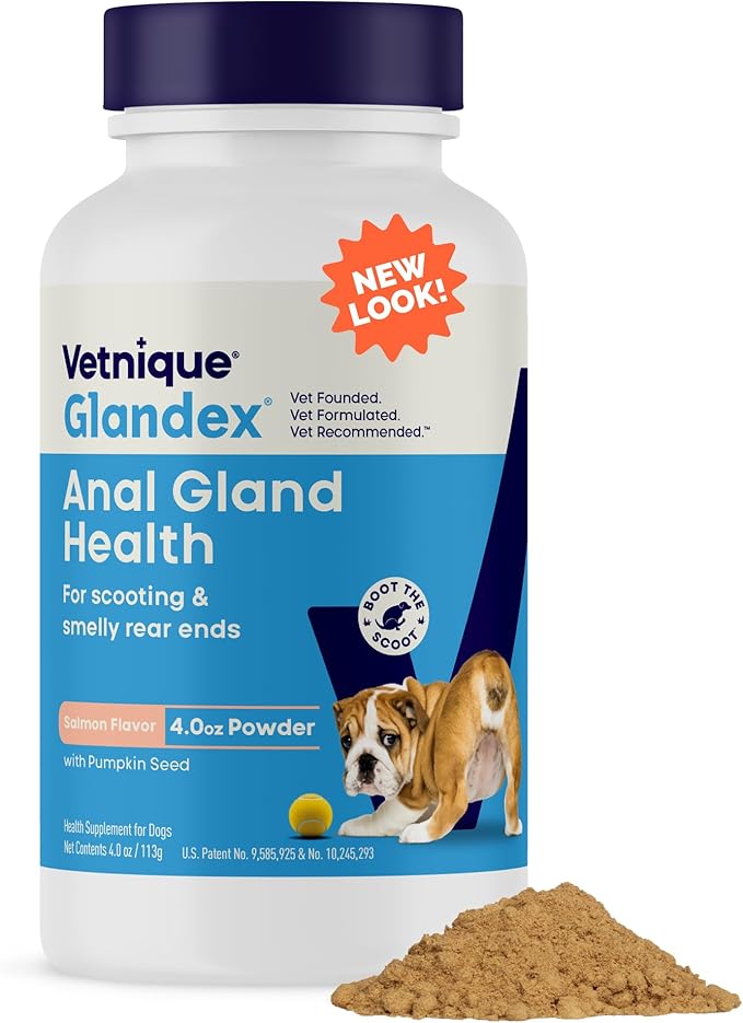 Vetnique Glandex Dog Fiber Supplement Powder for Anal Glands with Pumpkin, Digestive Enzymes & Probiotics - Vet Recommended (Regular or Advanced Strength) - Boot The Scoot (4.0 oz, Salmon)