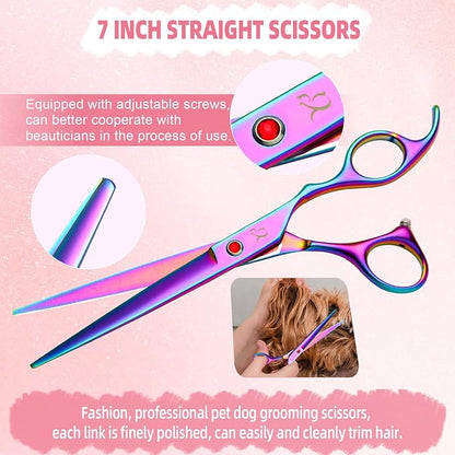 Dog Grooming Scissors,Rainbow Curved Chunkers Shears with Safety Round Tips,Sharp and Durable 6 in 1 Dog Scissors for Grooming