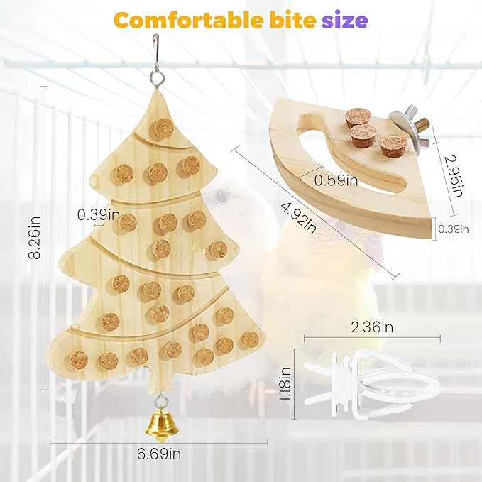 2 Pcs Bird Chew Toy Wooden Foraging Toys, Hanging Wooden Puzzle Foraging,Parrot Cork Stopper Toys Birds Feeding Toy,2 Pcs Bird Cage Food Holder Fruit, for Small and Medium Parrots(E)