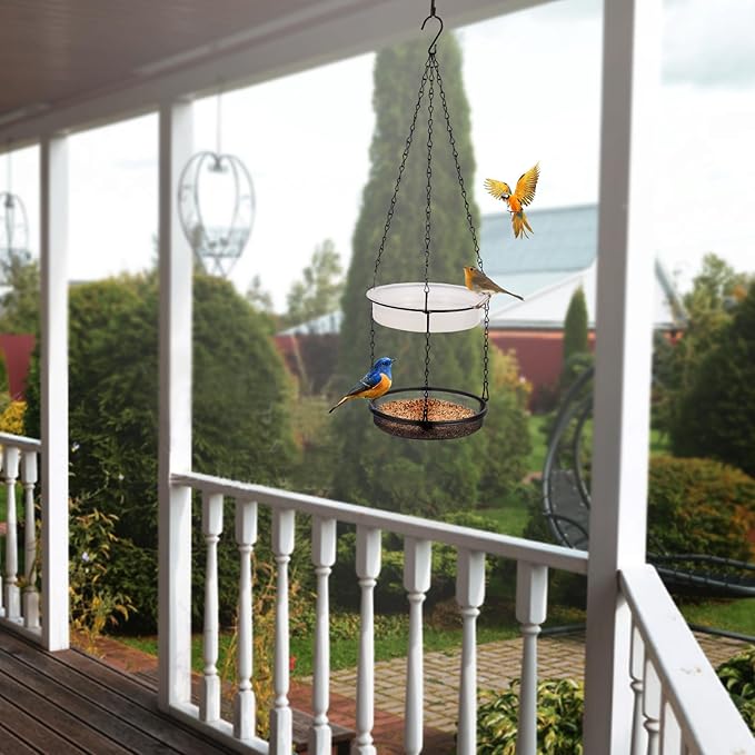 2-in-1 Set Hanging Bird Feeder and Bath for Outdoor, Small Metal Tray Perfect for Attracting Bird