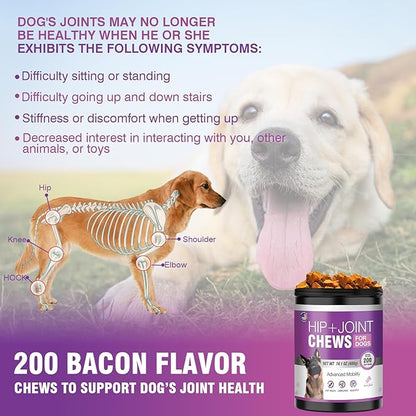 Glucosamine for Dogs 200pcs Joint Support Supplement Dog Hip and Joint Chondroitin Chews Treats with MSM Hemp Dog Joint Pain Relief Mobility Supplements Bacon Flavor Fit All Large Small Medium Breed