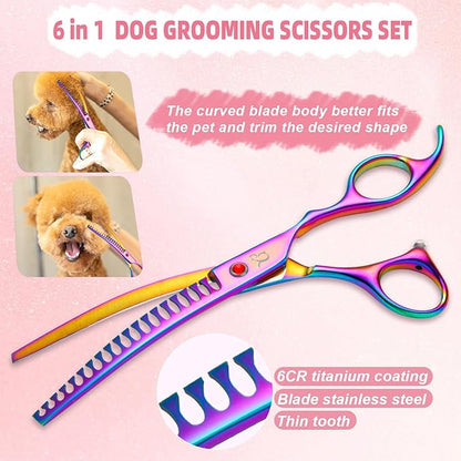 Dog Grooming Scissors,Rainbow Curved Chunkers Shears with Safety Round Tips,Sharp and Durable 6 in 1 Dog Scissors for Grooming