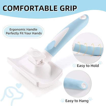 Dog Self-Cleaning Slicker Brush with One Button Fur Removal Deshedding Brush for Dogs and Cats with Medium or Long Hair Remove Loose Undercoat Blue