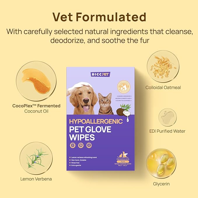 Cleaning & Deodorizing Bathing Wipes for Dogs & Cats, Nourish Fur Coconut Oil Grooming Wipes for Dogs, Pet Cleaning Gloves Wipes for Daily Care and Traveling, Hypoallergenic (Verbena Scent)