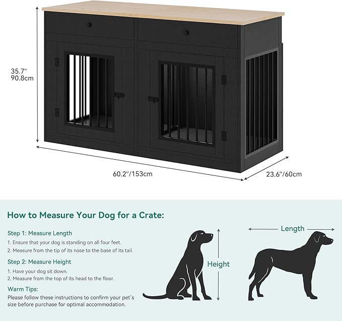 YITAHOME 60" Wooden Dog Crate Furniture with Removable Divider & Storage Drawers, Double Door Kennel with Locks for Medium and Large Dogs, Multi-Functional Dog Crate End Table for Indoor use, Black