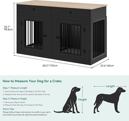 YITAHOME 60" Wooden Dog Crate Furniture with Removable Divider & Storage Drawers, Double Door Kennel with Locks for Medium and Large Dogs, Multi-Functional Dog Crate End Table for Indoor use, Black