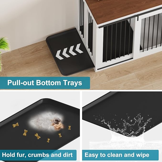 Large Dog Crate Furniture, 71" Wooden Dog Kennel for 2 Dogs, Heavy Duty Furniture Style Dog House with Divider & 2 Trays,Decorative Dog Crate Table Indoor Tv Stand