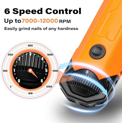 Casfuy 6-Speed Dog Nail Grinder - Newest Enhanced Pet Nail Grinder Super Quiet Rechargeable Electric Dog Nail Trimmer Painless Paws Grooming & Smoothing Tool for Large Medium Small Dogs (Orange)