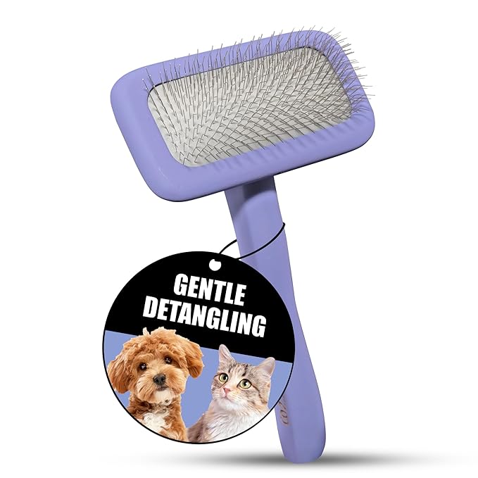 Tauro Pro Line Wooden Deshedding Dog Brush for Long Goldendoodle, Labradoodle & Poodle Hair - Purple Slicker Brush for Dog & Cat Grooming - Rectangular Flexible Cushion & Non-Slip Grip, M
