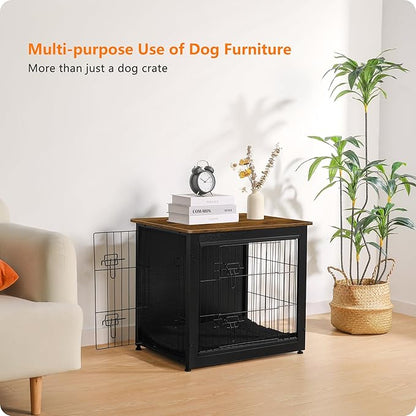 DWANTON Dog Crate Furniture with Cushion, Wooden Dog Crate with Double Doors, Dog Furniture, Dog Kennel Indoor for Small Dogï¼_nd Table, 27.2" L, Black+Warm Brown