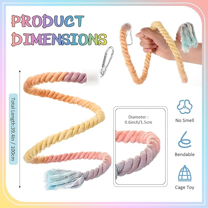 2 Pcs Gradient Bird Rope Perches Birdcage Swing Toy for Parrots Birdcage Cotton Swing Climbing Rope Standing Bungee Toy Accessory for Parrots, Cockatiel, Parakeet, Lovebird, Budgie(39.4'')