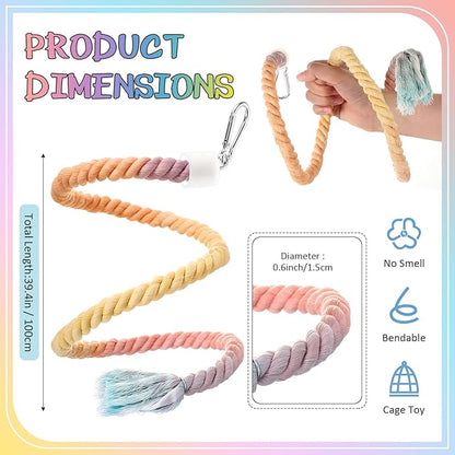 2 Pcs Gradient Bird Rope Perches Birdcage Swing Toy for Parrots Birdcage Cotton Swing Climbing Rope Standing Bungee Toy Accessory for Parrots, Cockatiel, Parakeet, Lovebird, Budgie(39.4'')