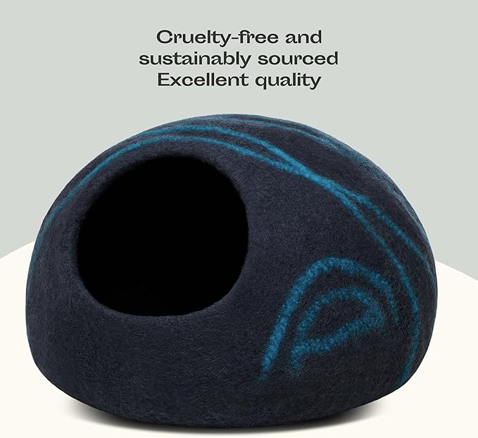 MEOWFIA Cat Cave  Premium Felt Cat Bed for Indoor Cats, Handmade 100% Merino Wool (Large, Black Aqua)