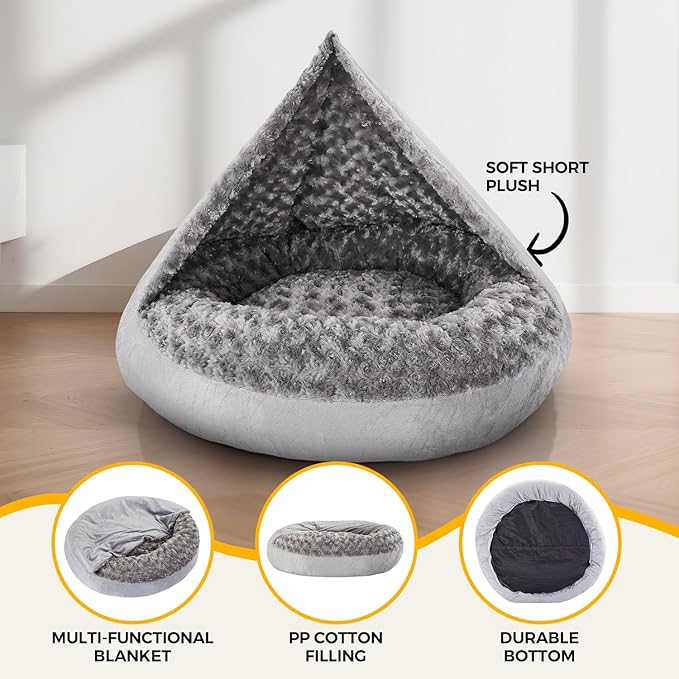 Cave Dog Bed with Blanket Donut Round Plush Cozy Cat Pet Bed for Puppy Machine Washable Removable Cover Anti-Slip Bottom Gray 26X26X8 inch