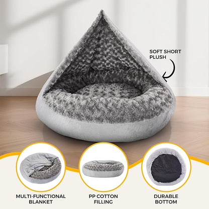 Cave Dog Bed with Blanket Donut Round Plush Cozy Cat Pet Bed for Puppy Machine Washable Removable Cover Anti-Slip Bottom Gray 26X26X8 inch