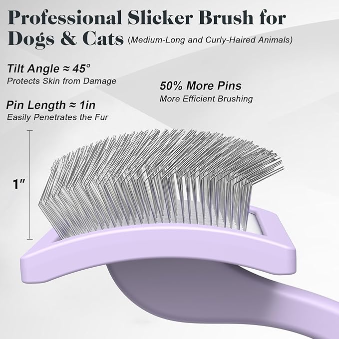 2PCS Slicker Brush for Dogs & Pet Comb,Professional Dog Grooming Brush (Goldendoodles,Poodles,Labradoodles) with Extra Long Pins to Effectively Remove Tangles, Knots and Mats (Light Purple Large)