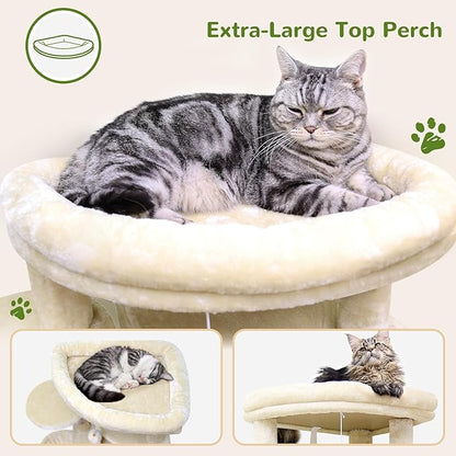 Globlazer Corner Cat Tree for Large Cats, 66inch Tall Curved Series Large Cat Tower for Multiple Indoor Cats with 6 Scratching Posts, 2 Spacious Cat Condos, Hammock, Hanging Basket, C66, Beige
