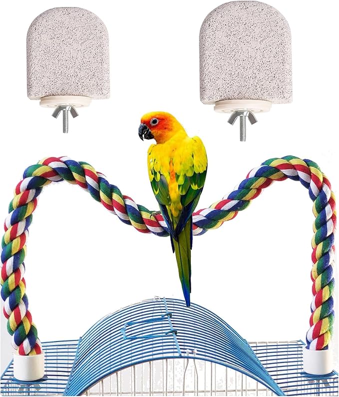 24-Inch Bird Rope Perch (0.8'' Diameter) + 2 Volcanic Stone Bird Stands - Beak & Claw Care for Small/Medium Birds, Natural & Stable Birds Perch
