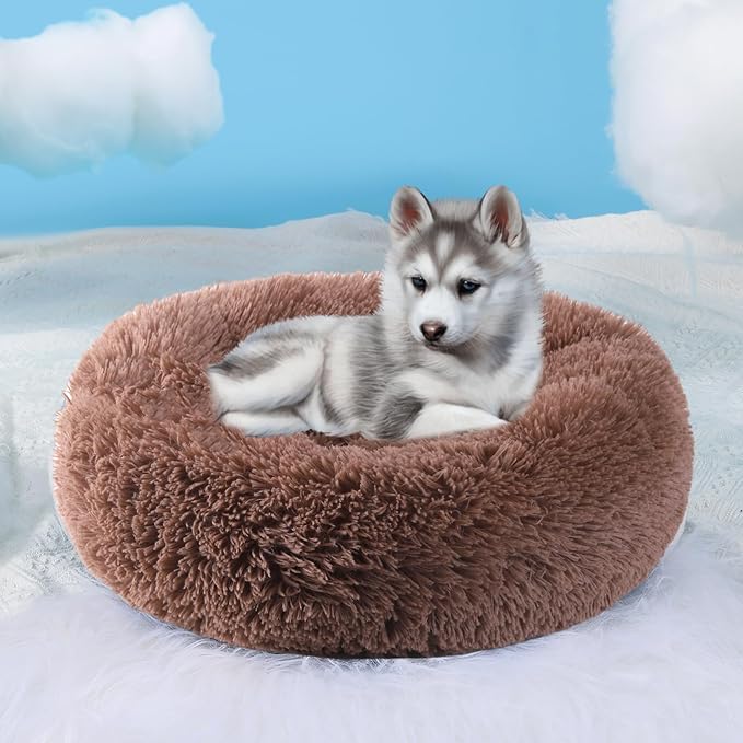 HYQ Small Dog Bed, Cat Beds for Indoor Cats, Pet Beds for Small Dogs, Fluffy Faux Fur Plush Small Dog Bed, Washable Puppy Bed with Anti-Slip Bottom, Dog Bed Small Size Dog (Khaki, 17 Inch)