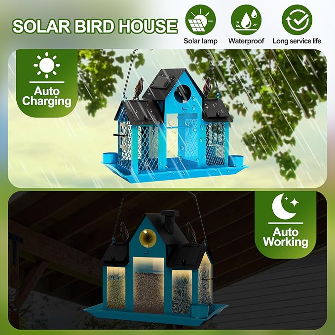 Solar Bird Feeders House for Outdoors Hanging, 7LBS Large Capacity Metal Wild Bird Feeder Squirrel Proof for Outside with Water Cup, Cardinal Birdfeeder Birdhouses Gift for Bird Lovers (Blue)