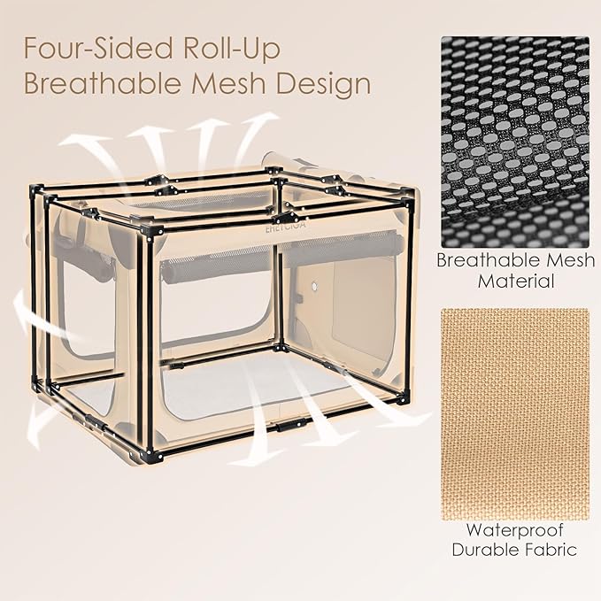 EHEYCIGA Collapsible Dog Crate 30 Inches, Portable Travel Crate for Medium Dogs, Soft Foldable Pet Kennel with 4-Door Mesh Windows Indoor & Outdoor, Beige