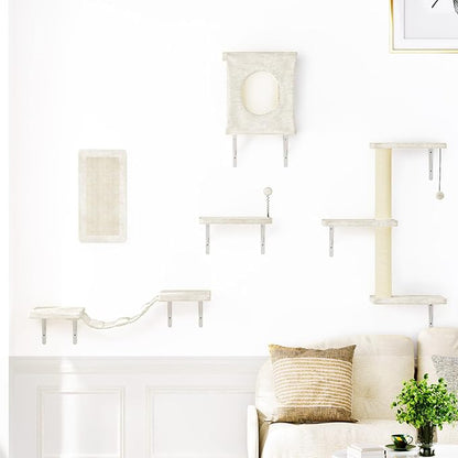 NUNU LAB Cat Wall Shelves Set, 5 Pcs Wall-Mounted Cat Climber with Condo House, Bridge Ladder, Scratching Post, Indoor Cat Furniture Set, Beige