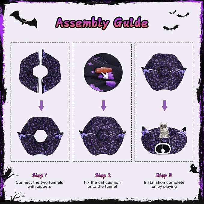 Tidjani Halloween Cat Tunnel, Cat Tunnels for Indoor Cats, Foldable Pet Donut Bed with Washable Mat and Dangling Balls, Purple Bowknot, Ghost Spider Pattern Decor Pet Toys for Small Animals
