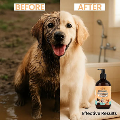 POM Pets 2-in-1 Organic Dog Shampoo & Conditioner – Itchy Skin Relief, Dog Deshedding, Detangles Fur, Cat Shampoo, Paw Cleaner for Dogs, Natural Coat Defense Formula