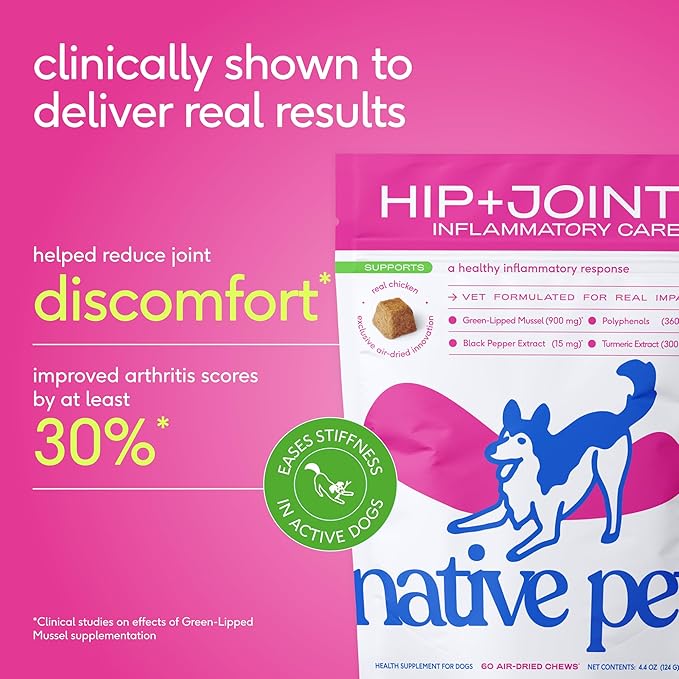 Native Pet Pain Relief for Dogs - Collagen for Dogs Promotes Joint Health, Reduce Inflammation & Stiffness - Senior Pup Joint Supplement - Natural Pain Reliever for Active & Aging Pets - 120 Chews
